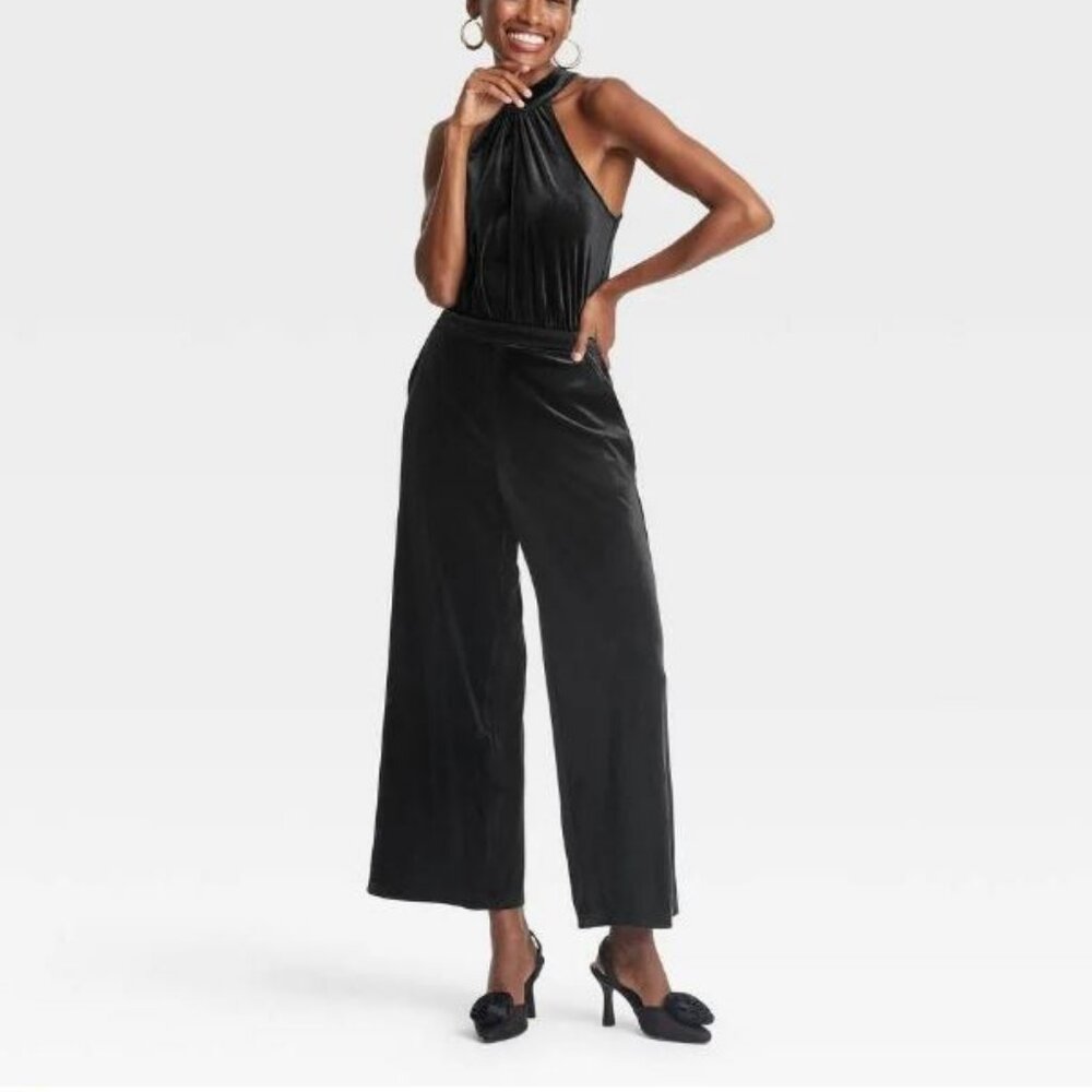 A New Day Velvet Black Halter Jumpsuit Size X Large NWT